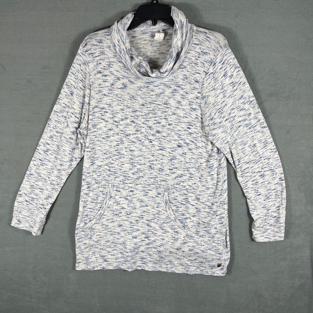 Livi Women Pullover 14/16 Blue White Space Dye Tunic Cowl Neck Kangaroo Pocket